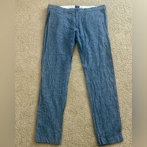 J Crew Driggs Pants Mens 35x32 Linen Blend Chambray Trouser Chino Blue Preppy